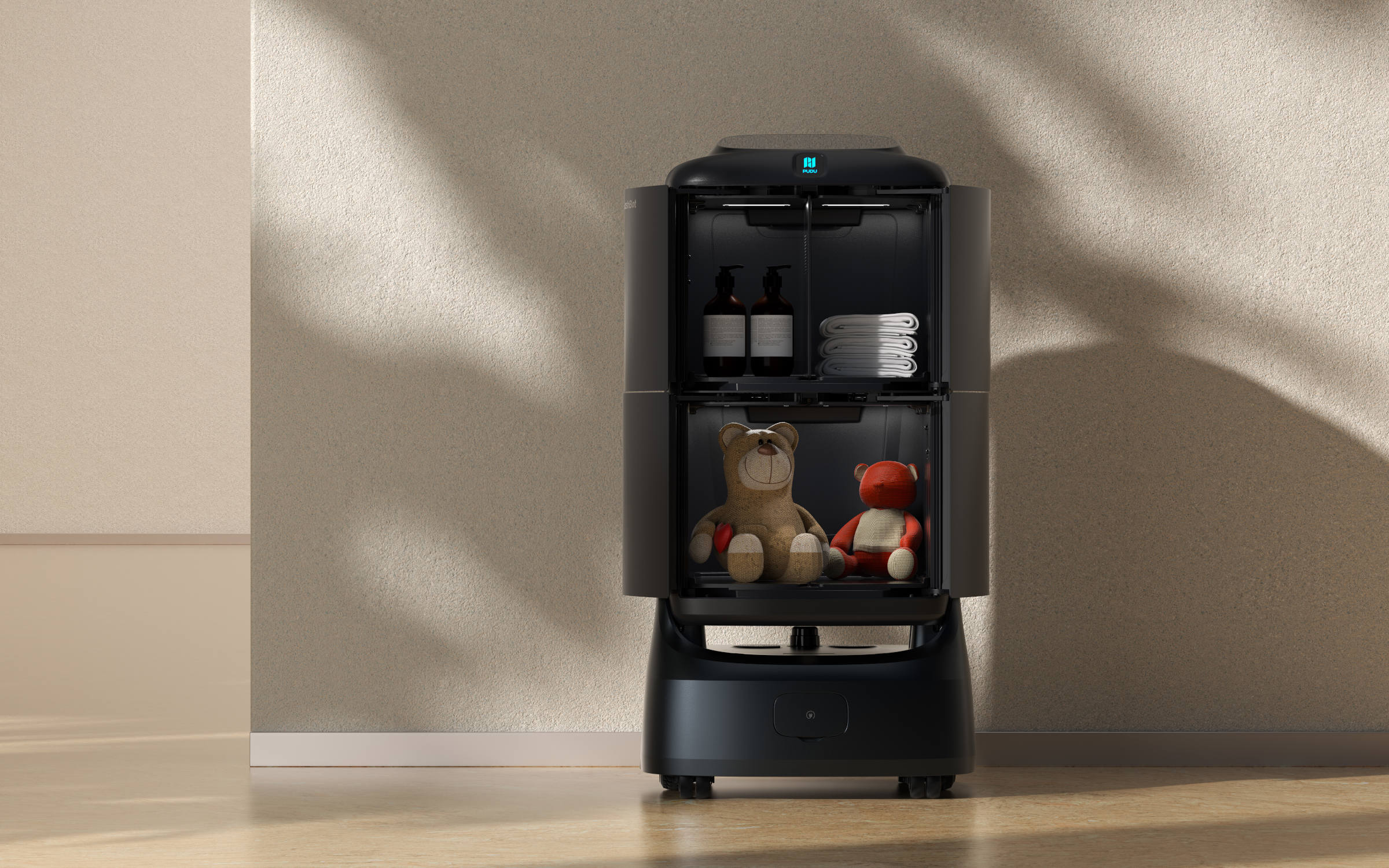 FlashBot Max open compartments loaded with hotel amenities and towels